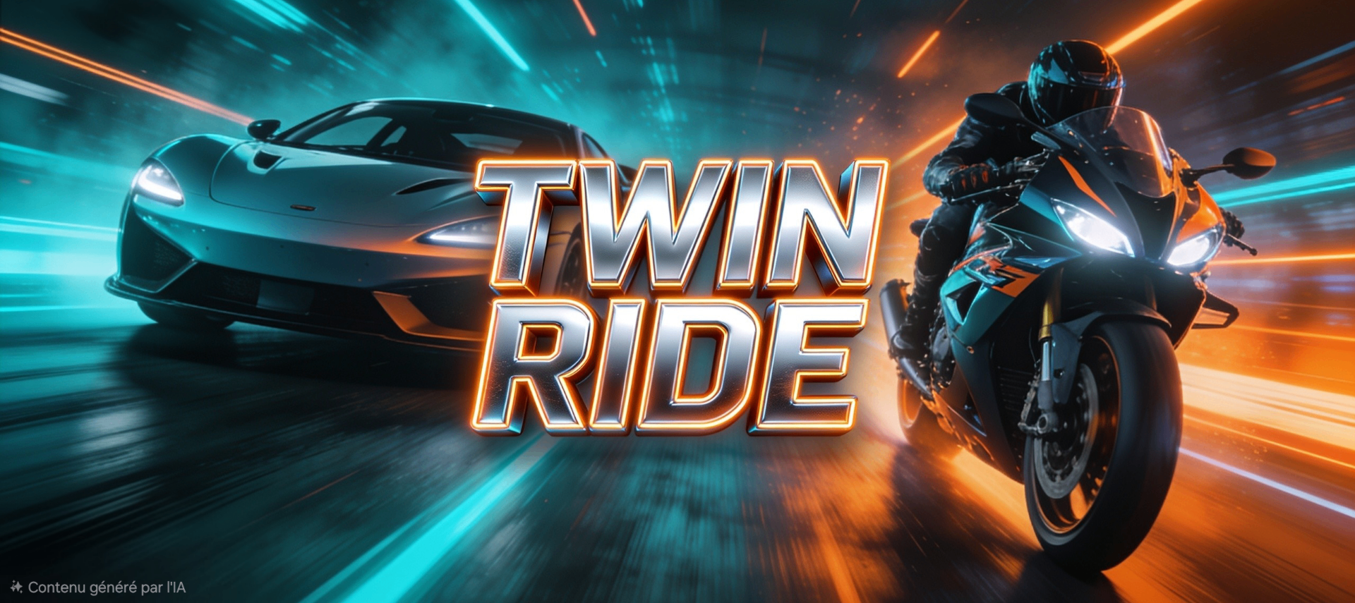 Une voiture de sport et une moto lancées à pleine vitesse, avec le titre TWIN RIDE au centre